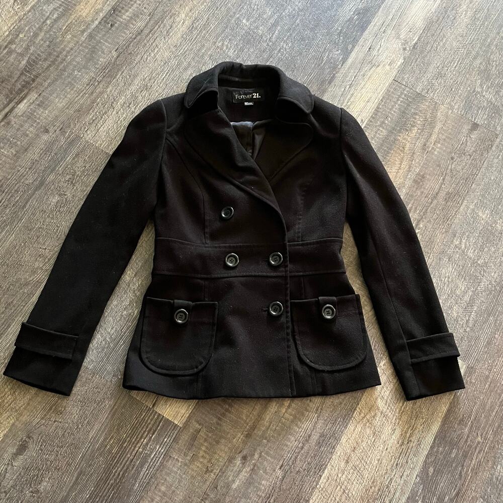 Forever 21 Women's S/P Black Double Breasted Peacoat Jacket Fitted Lined